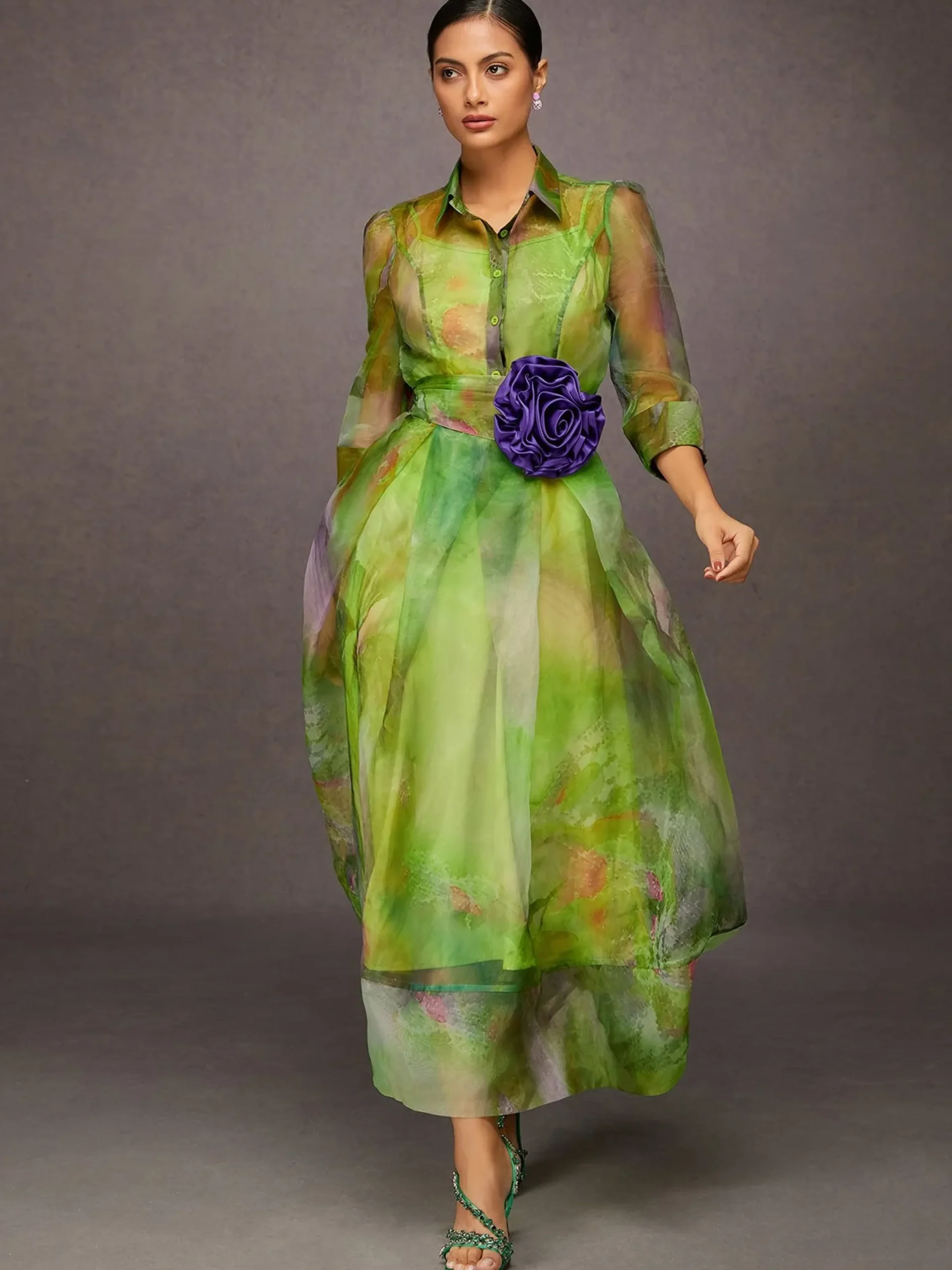 Elegant Abstract Print Maxi Dress With Floral Belt