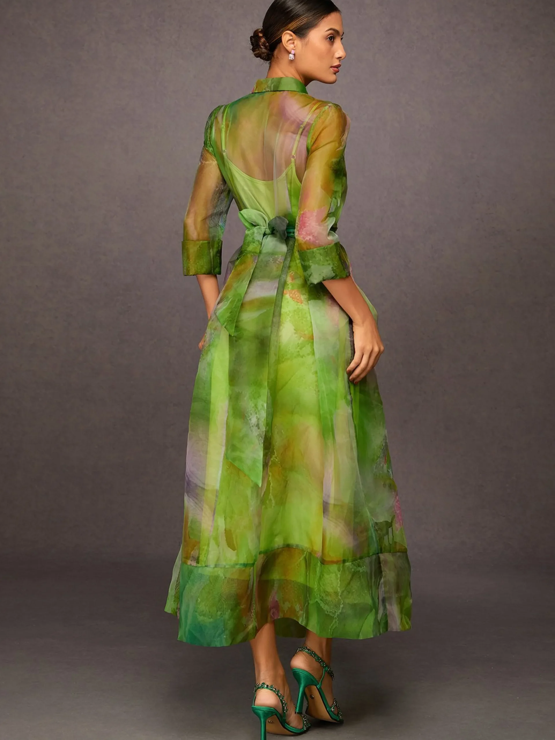 Elegant Abstract Print Maxi Dress With Floral Belt