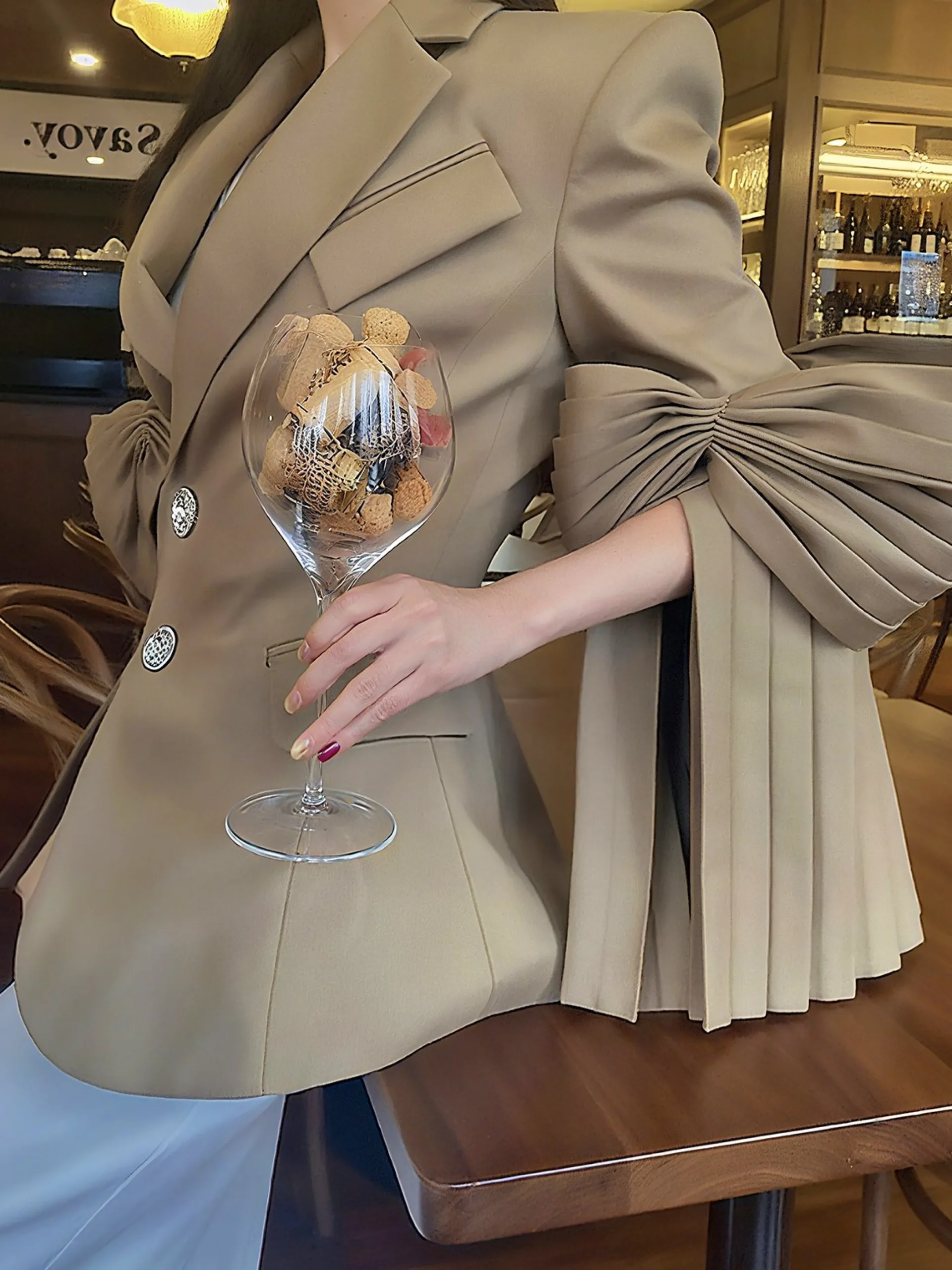 Elegant Bell Sleeve Bow Plain Lapel Collar Blazer