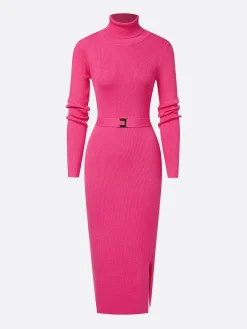 Elegant Belted Turtleneck Knit Midi Dress