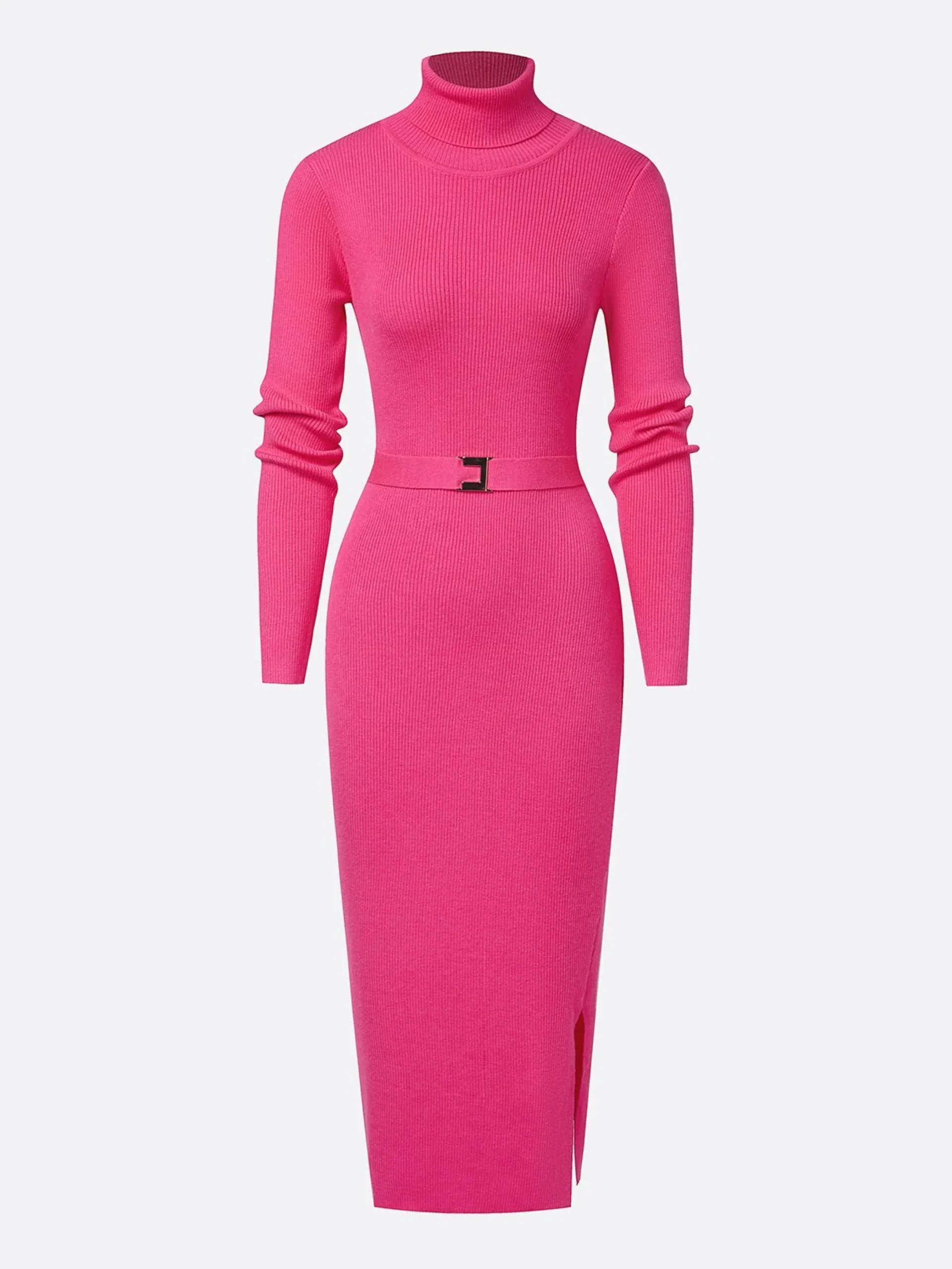 Elegant Belted Turtleneck Knit Midi Dress