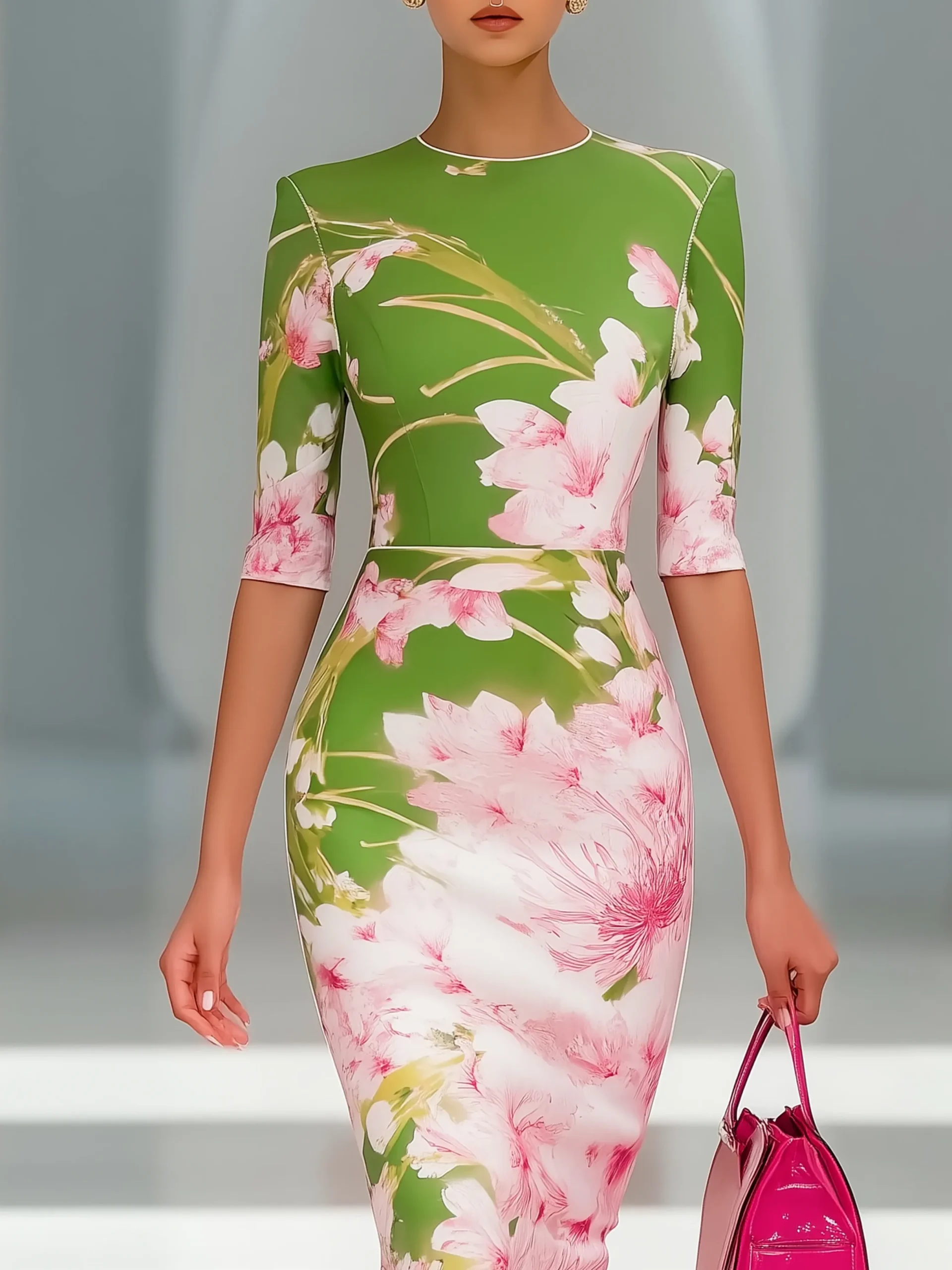 Elegant Bodycon Crew Neck Half Sleeve Midi Dress