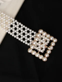 Elegant Braided Imitation Pearl Wide Belt Dress Decorative Waist Belt