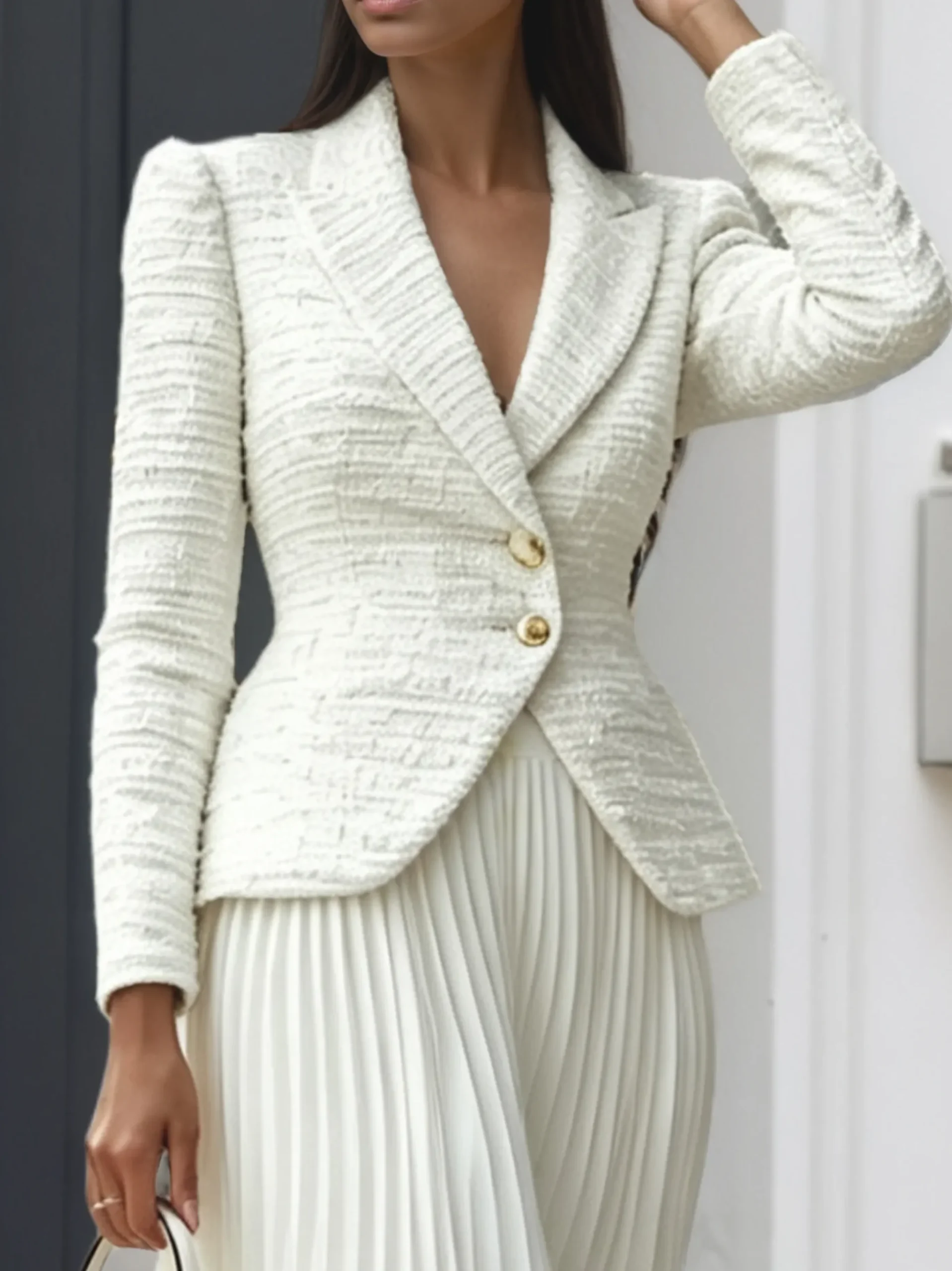Elegant Buttoned Plain Cross Neck Jacket