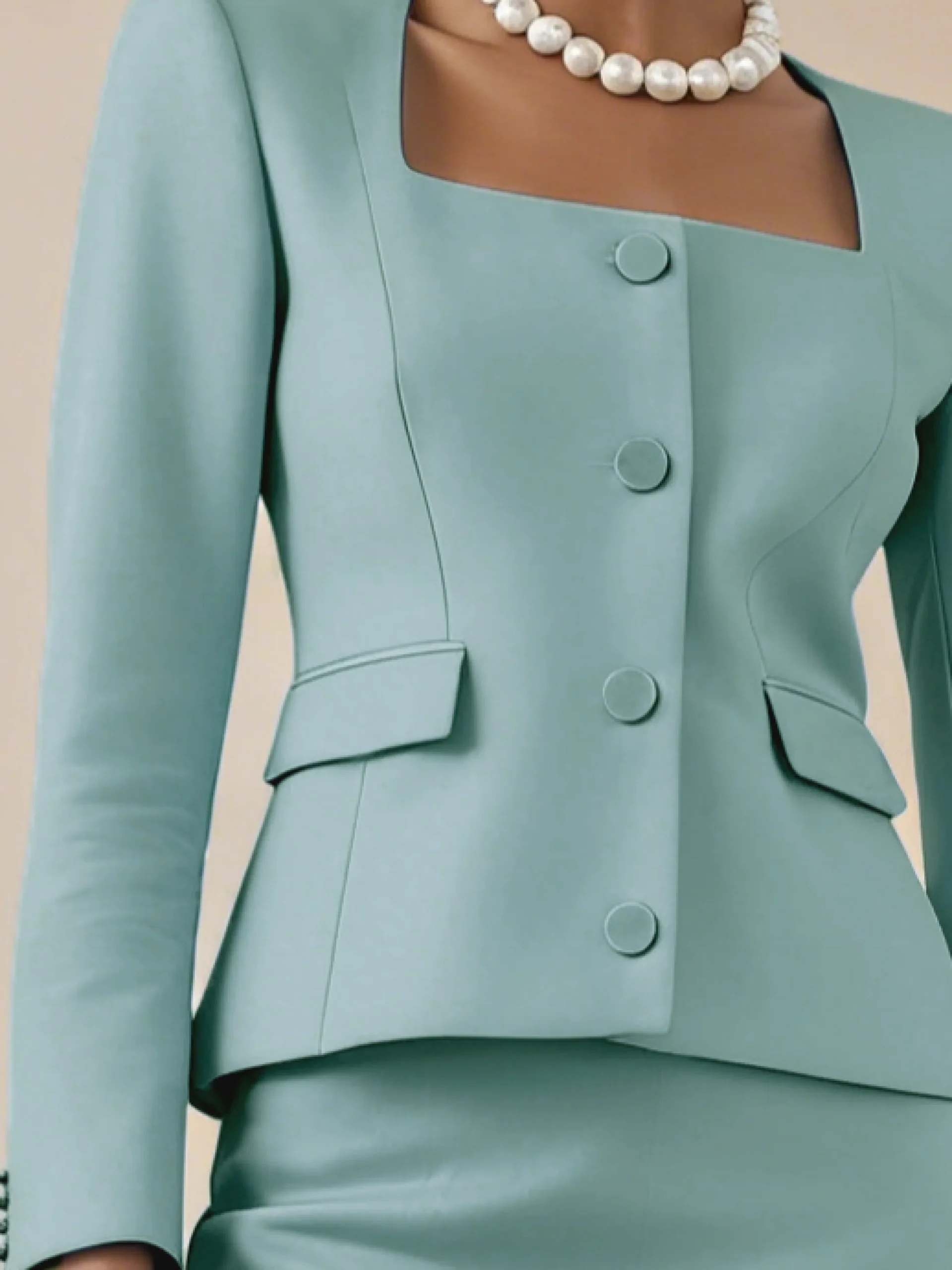 Elegant Buttoned Plain Square Neck Blazer