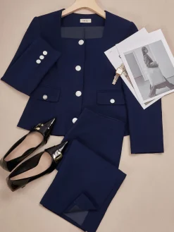 Elegant Buttoned Plain Square Neck Blazer