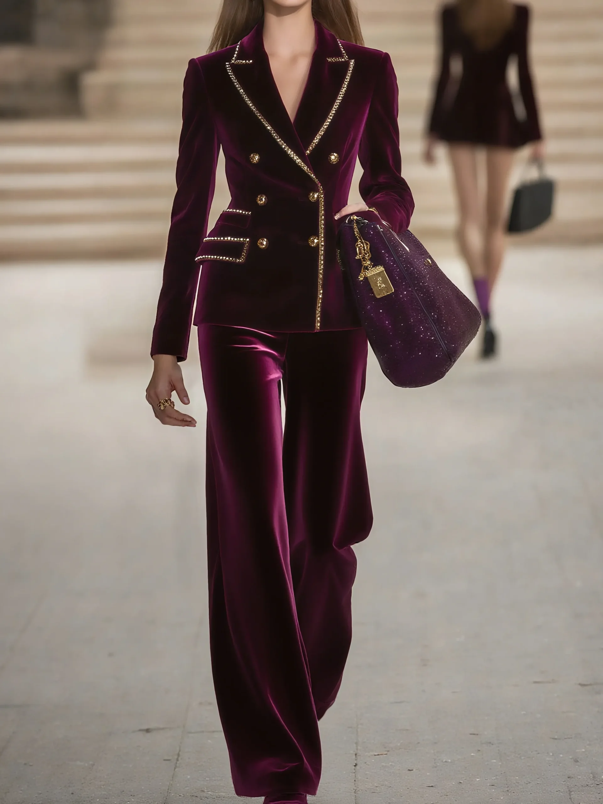 Elegant Buttoned Velvet Lapel Collar Blazer