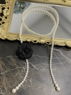 Elegant Camellia Flower Waist Chain Faux Pearls Necklace