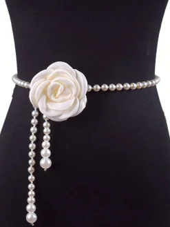 Elegant Camellia Flower Waist Chain Faux Pearls Necklace