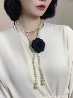 Elegant Camellia Flower Waist Chain Faux Pearls Necklace