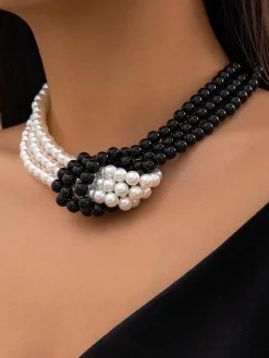 Elegant Color-block Faux Pearl Bead Multi-layer Necklace