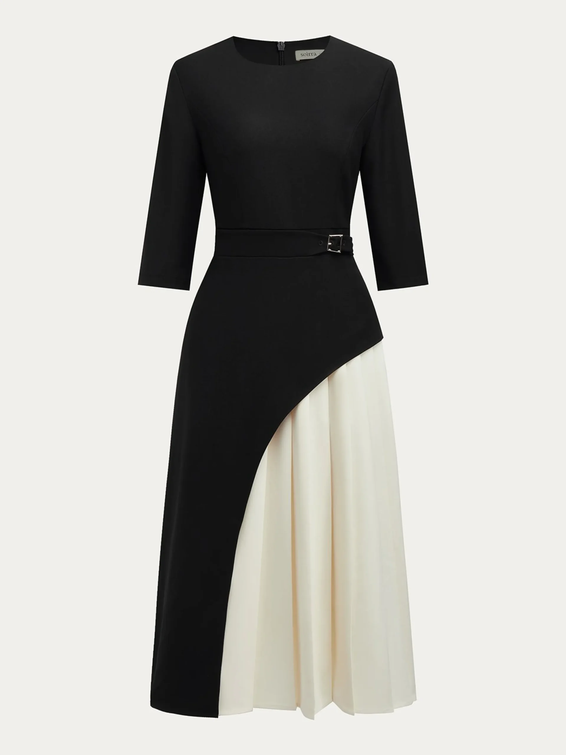 Elegant Color Block Pleated Split Joint Crew Neck Midi Dress