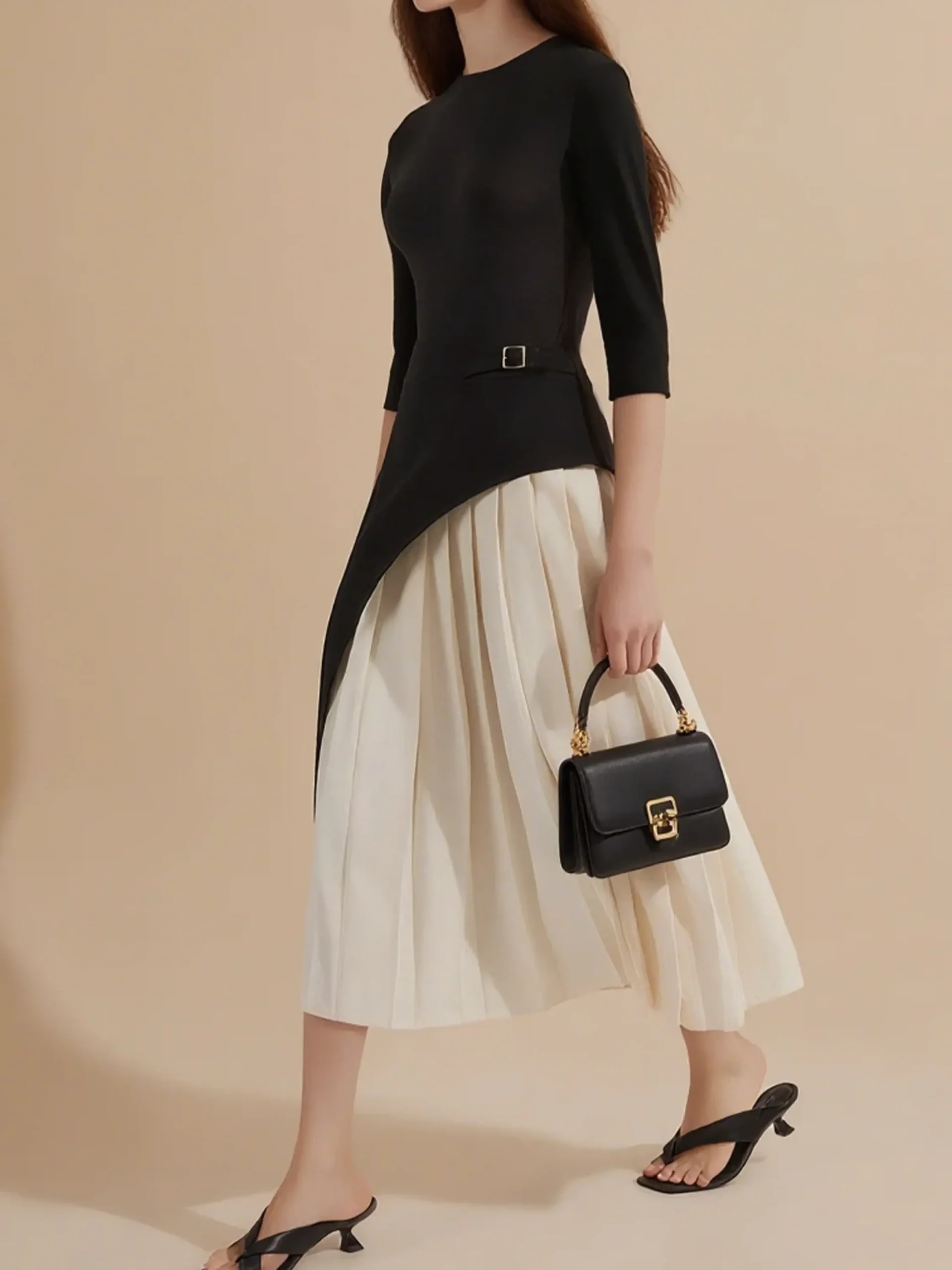 Elegant Color Block Pleated Split Joint Crew Neck Midi Dress
