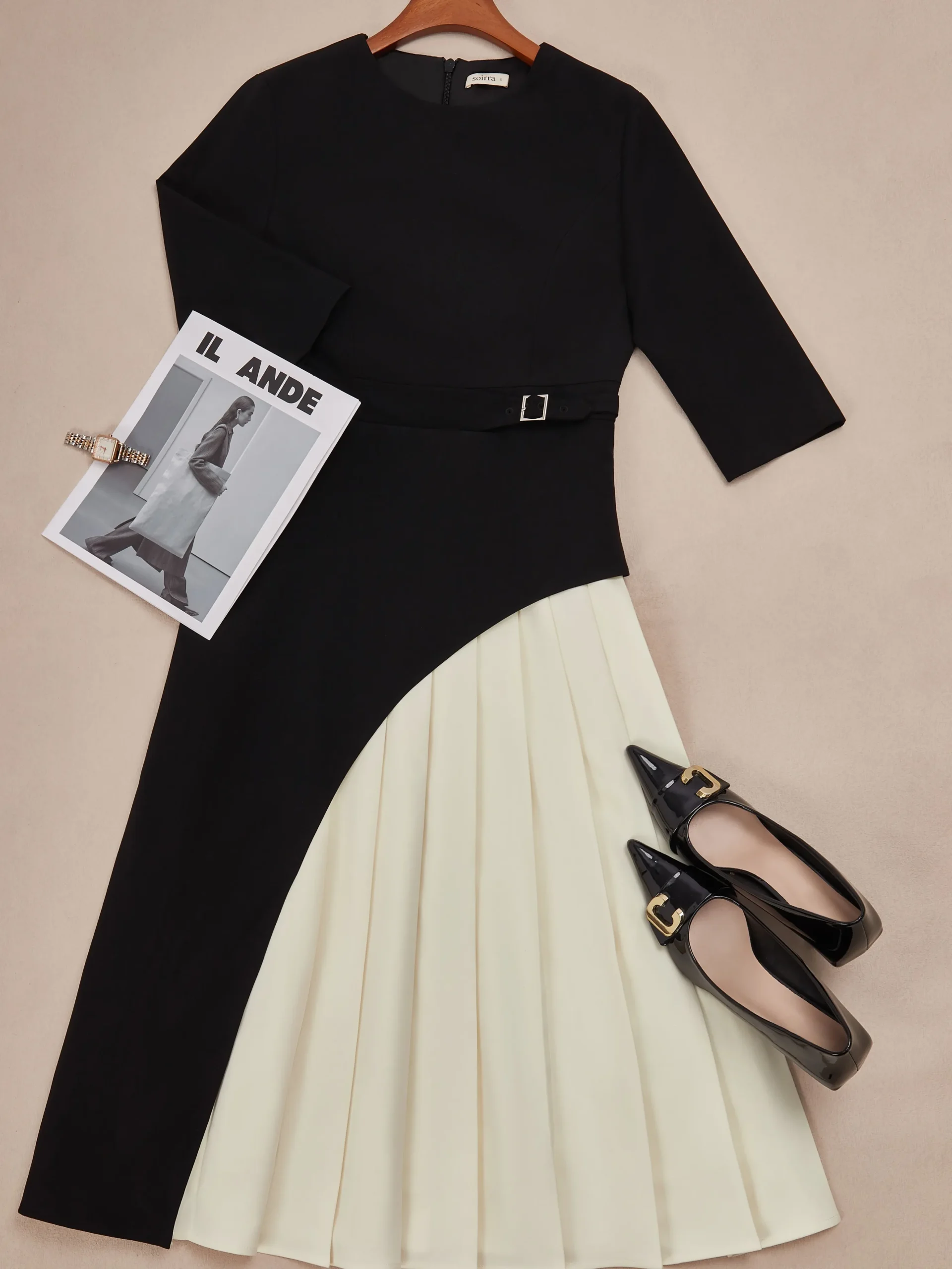 Elegant Color Block Pleated Split Joint Crew Neck Midi Dress