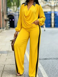 Elegant Color Block Split Joint Cowl Neck Blouse