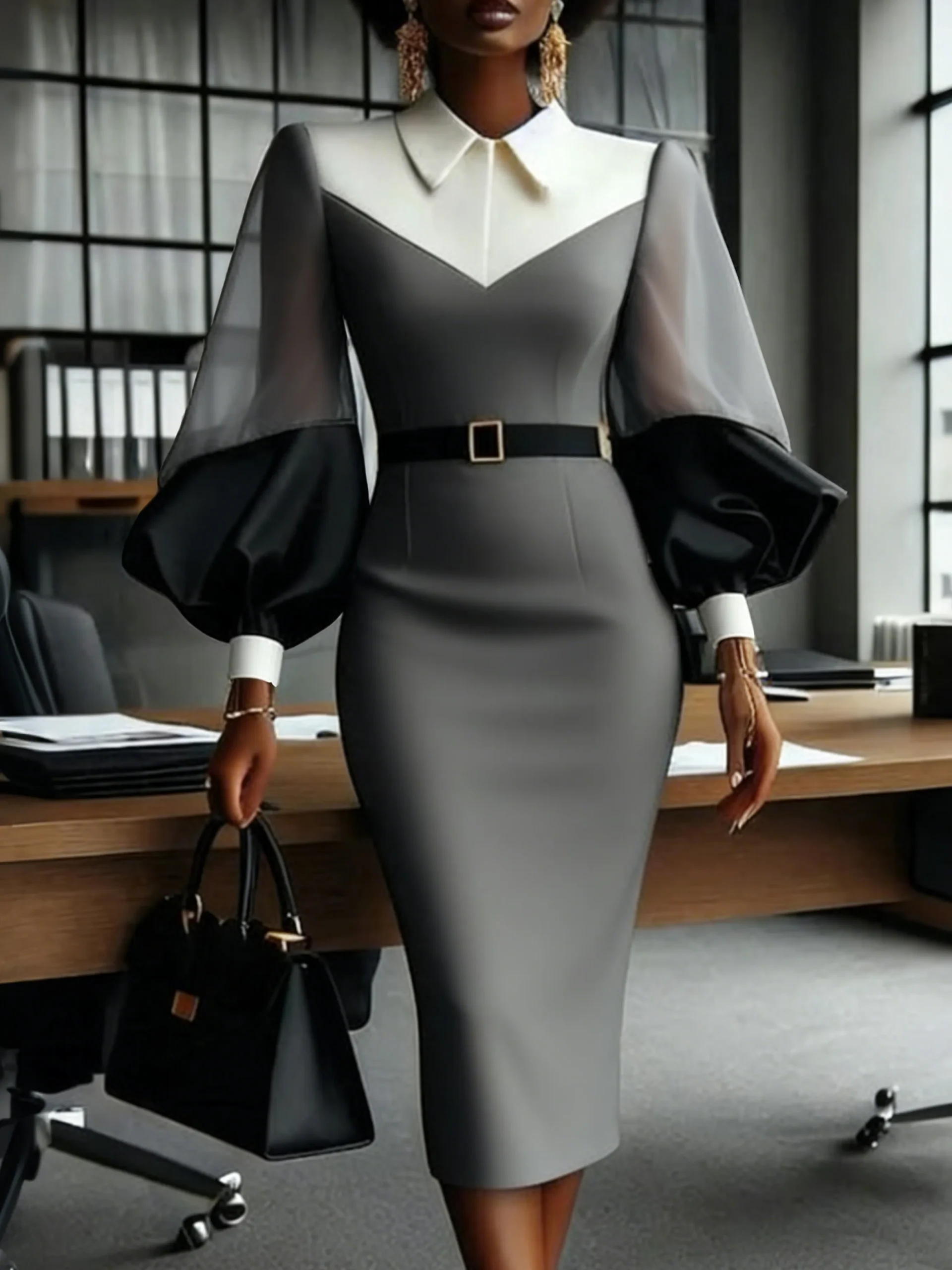 Elegant Color Block Split Joint Shawl Collar Midi Dress With Belt