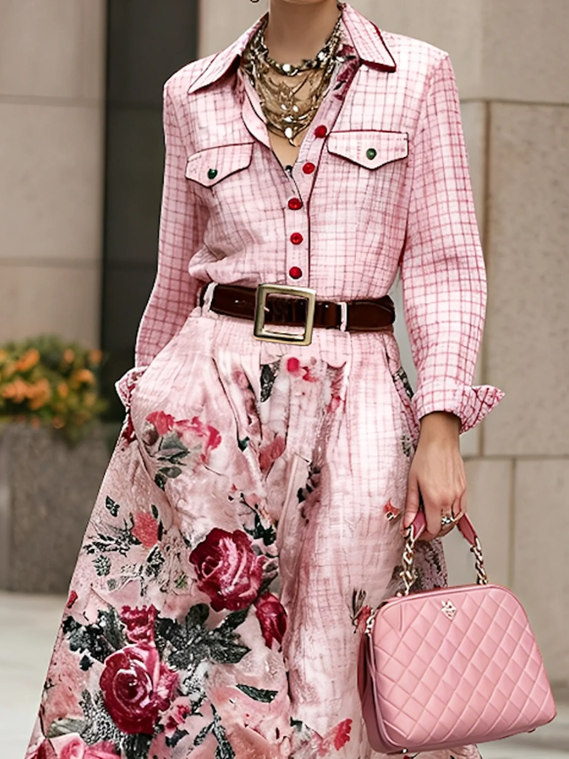 Elegant 3D Printing Shirt Collar Maxi Dress No Belt