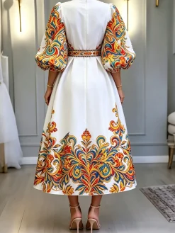 Elegant Ethnic Balloon Sleeve Printing Cross Neck Midi Dress With Belt