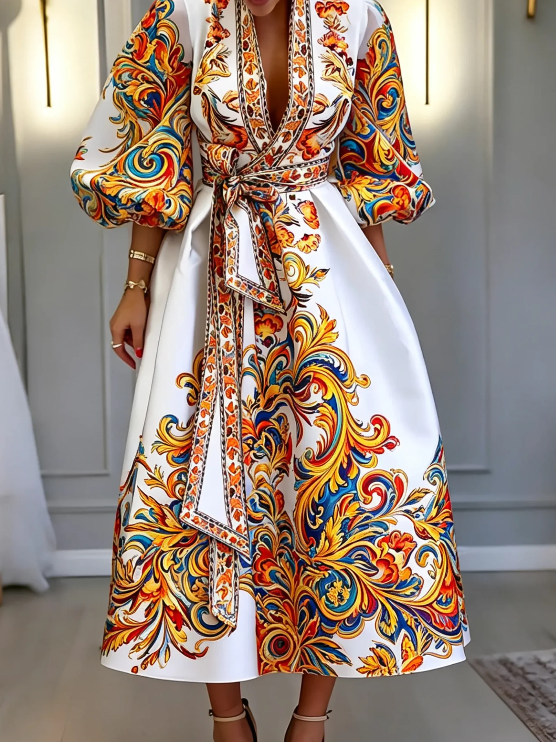 Elegant Ethnic Balloon Sleeve Printing Cross Neck Midi Dress With Belt