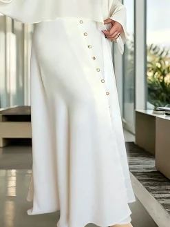 Elegant Faux Pearl Plain Buttoned Maxi Skirt