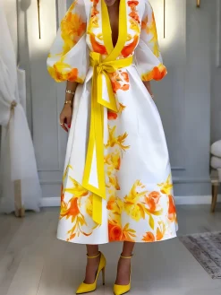 Elegant Floral Balloon Sleeve Printing Stand Collar Midi Dress With Belt