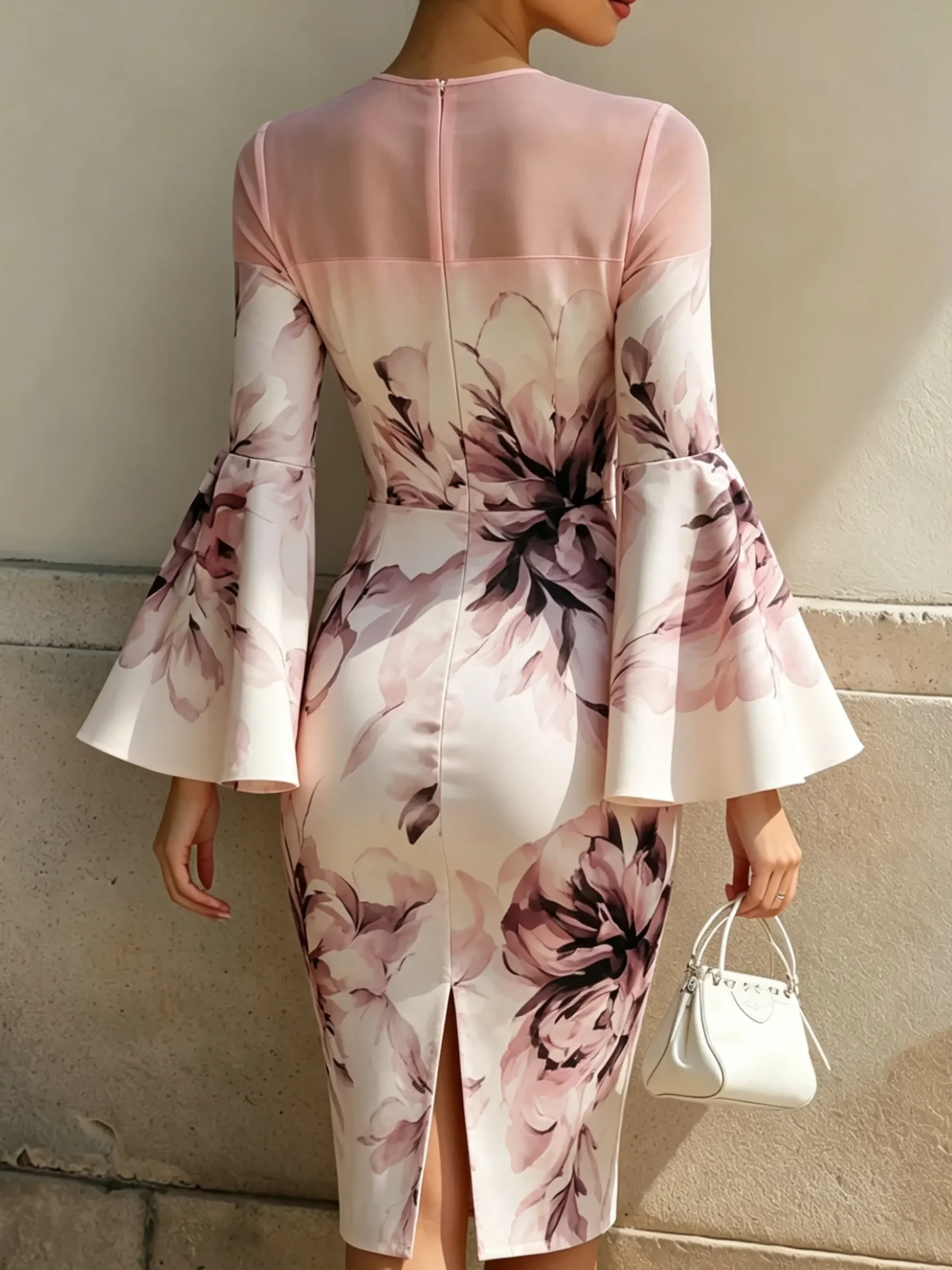 Elegant Floral Bell Sleeve Split Joint Crew Neck Knee Length Dress