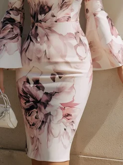 Elegant Floral Bell Sleeve Split Joint Crew Neck Knee Length Dress