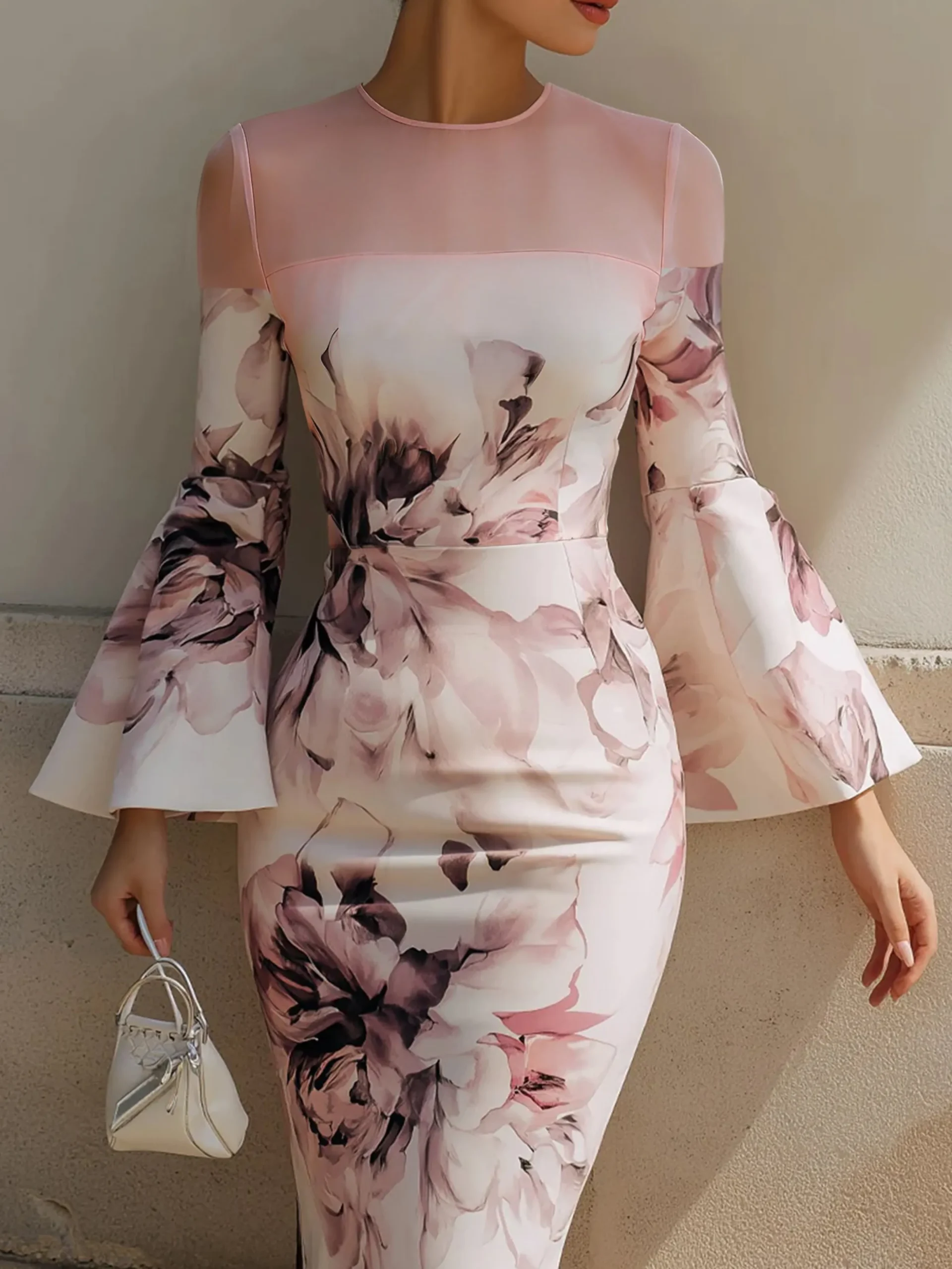 Elegant Floral Bell Sleeve Split Joint Crew Neck Knee Length Dress
