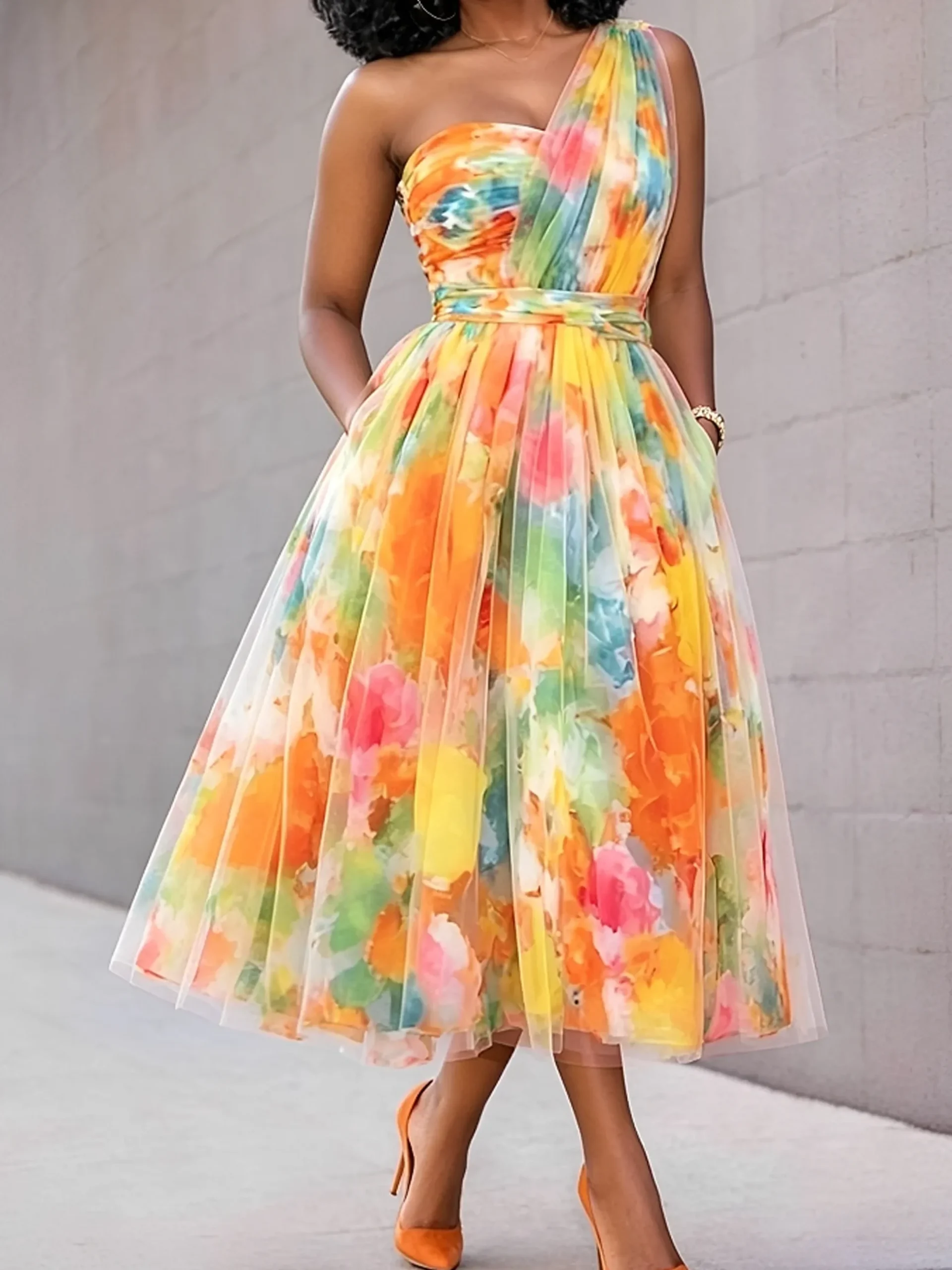 Elegant Floral Irregular Craftsmanship One Shoulder Midi Dress