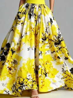 Elegant Floral Printing Crew Neck Maxi Dress