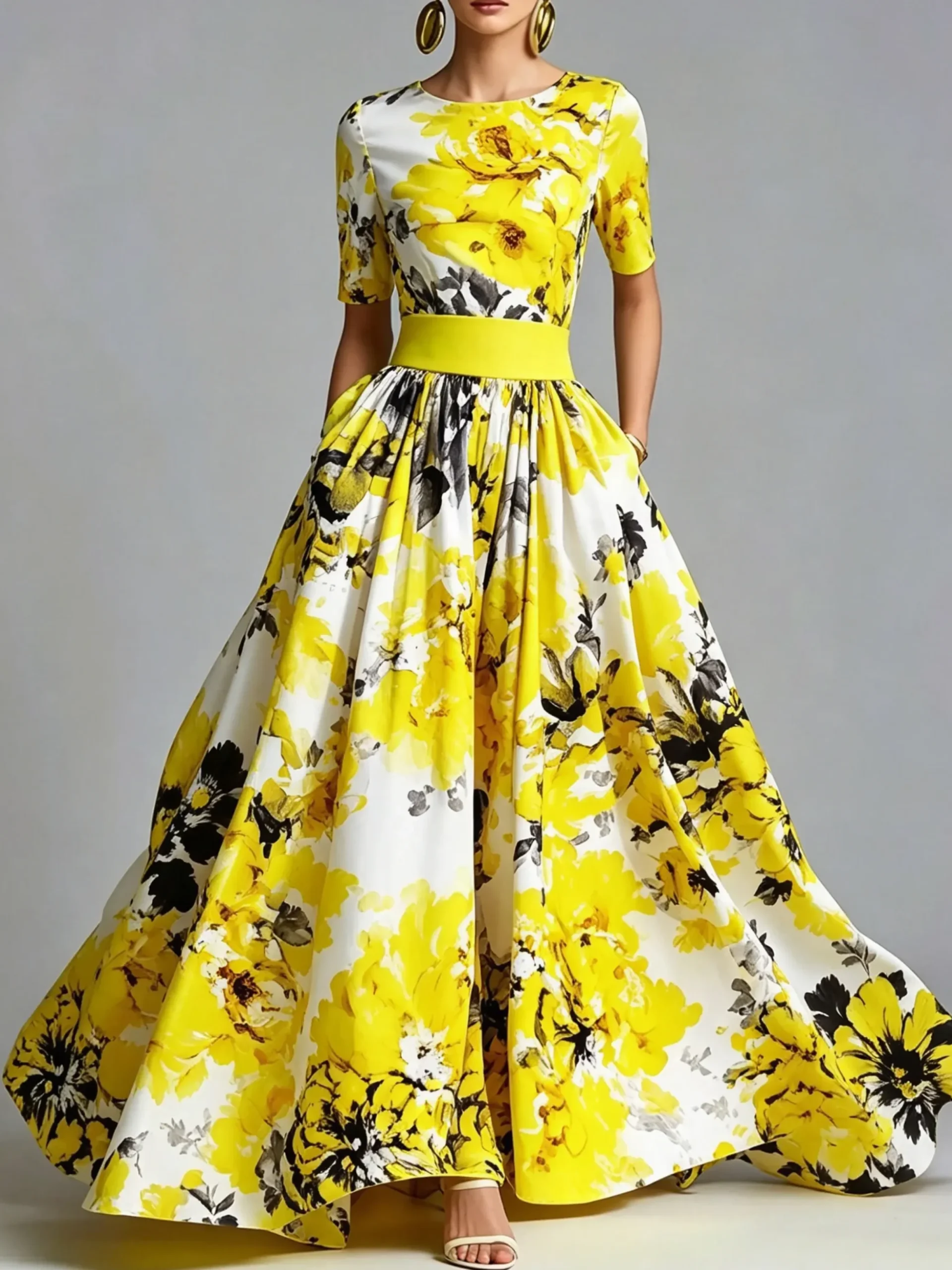 Elegant Floral Printing Crew Neck Maxi Dress