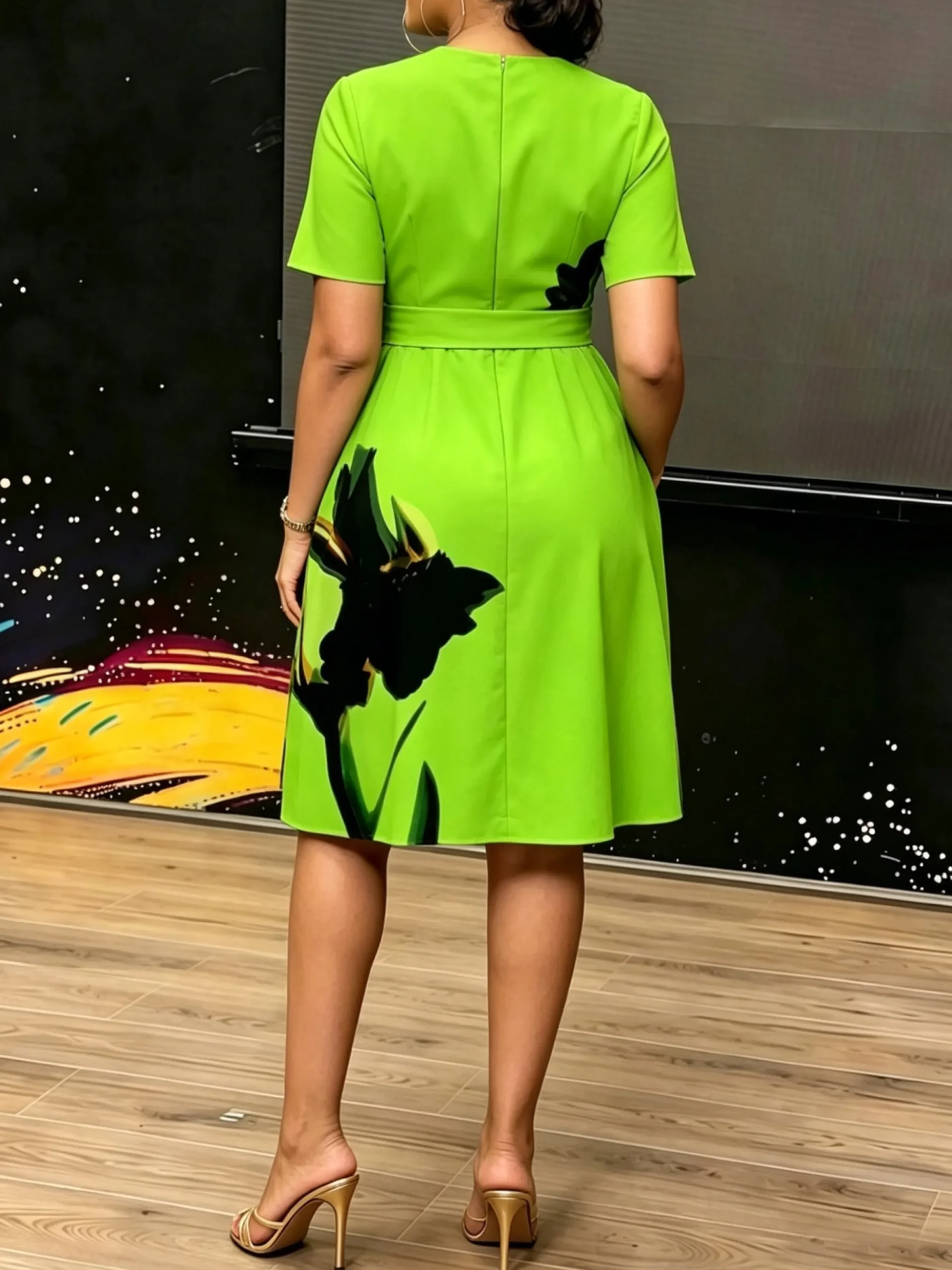 Elegant Floral Printing Crew Neck Knee Length Dress With Belt