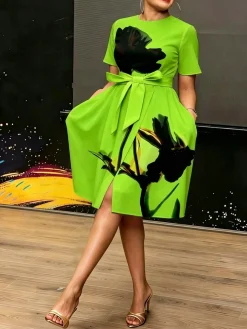Elegant Floral Printing Crew Neck Knee Length Dress With Belt