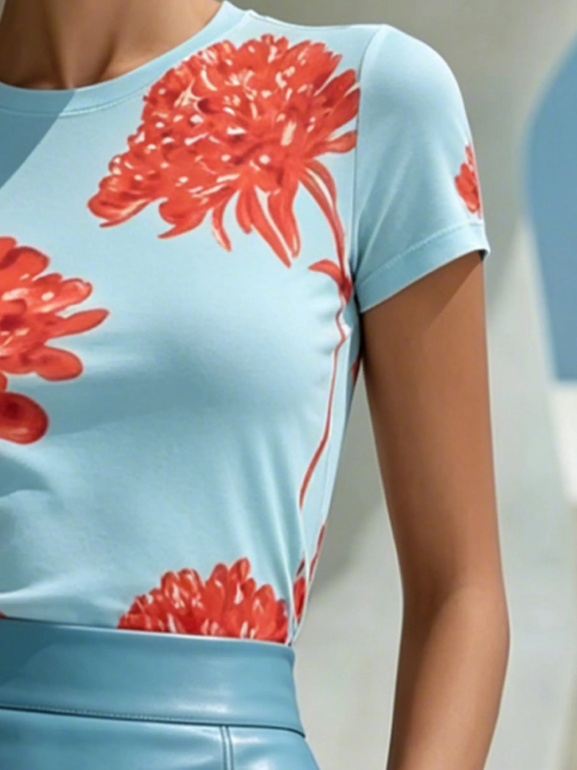 Elegant Floral Printing Crew Neck T-shirt