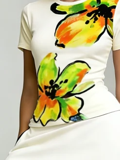 Elegant Floral Printing Crew Neck T-shirt