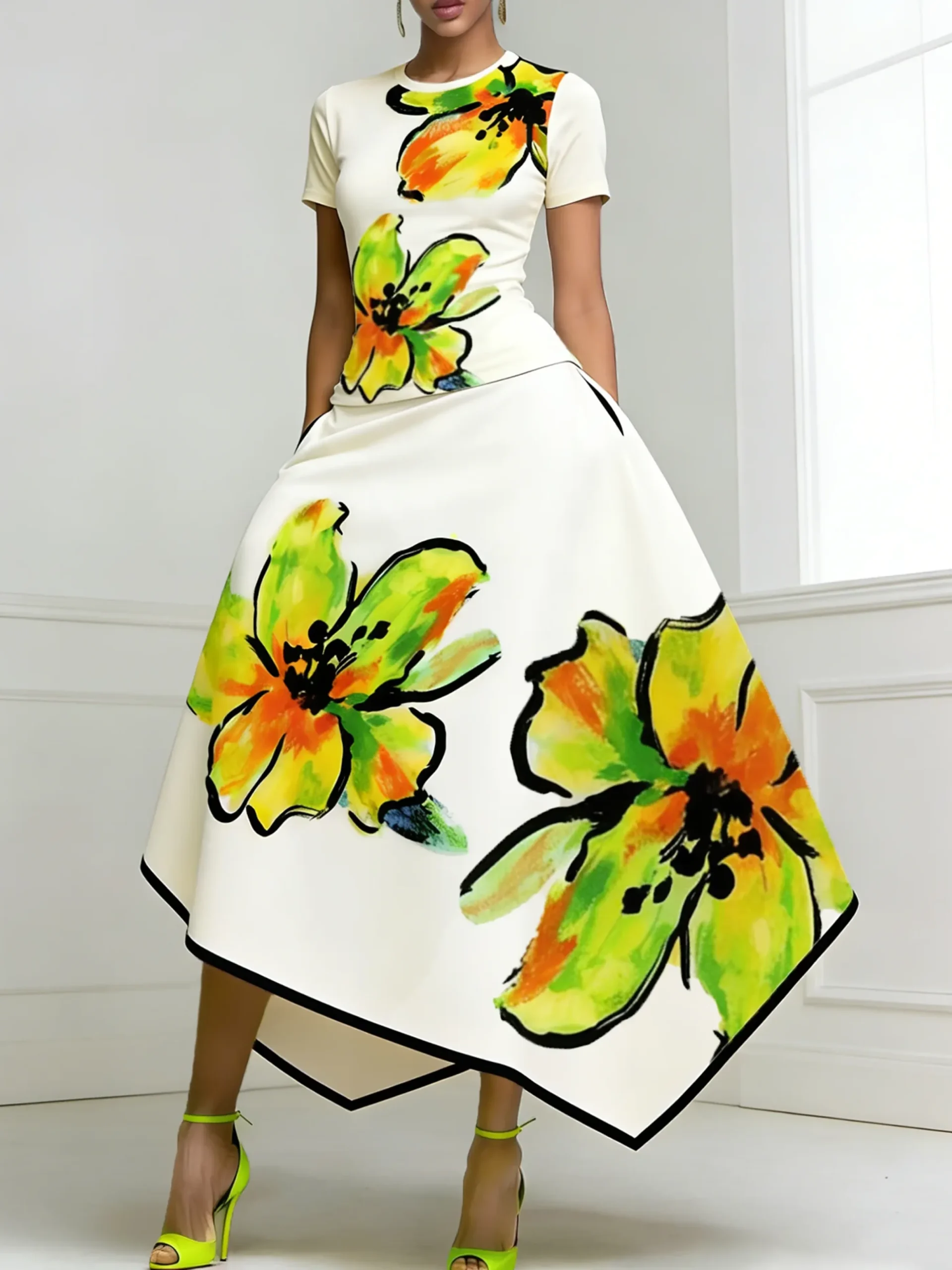Elegant Floral Printing Crew Neck T-shirt
