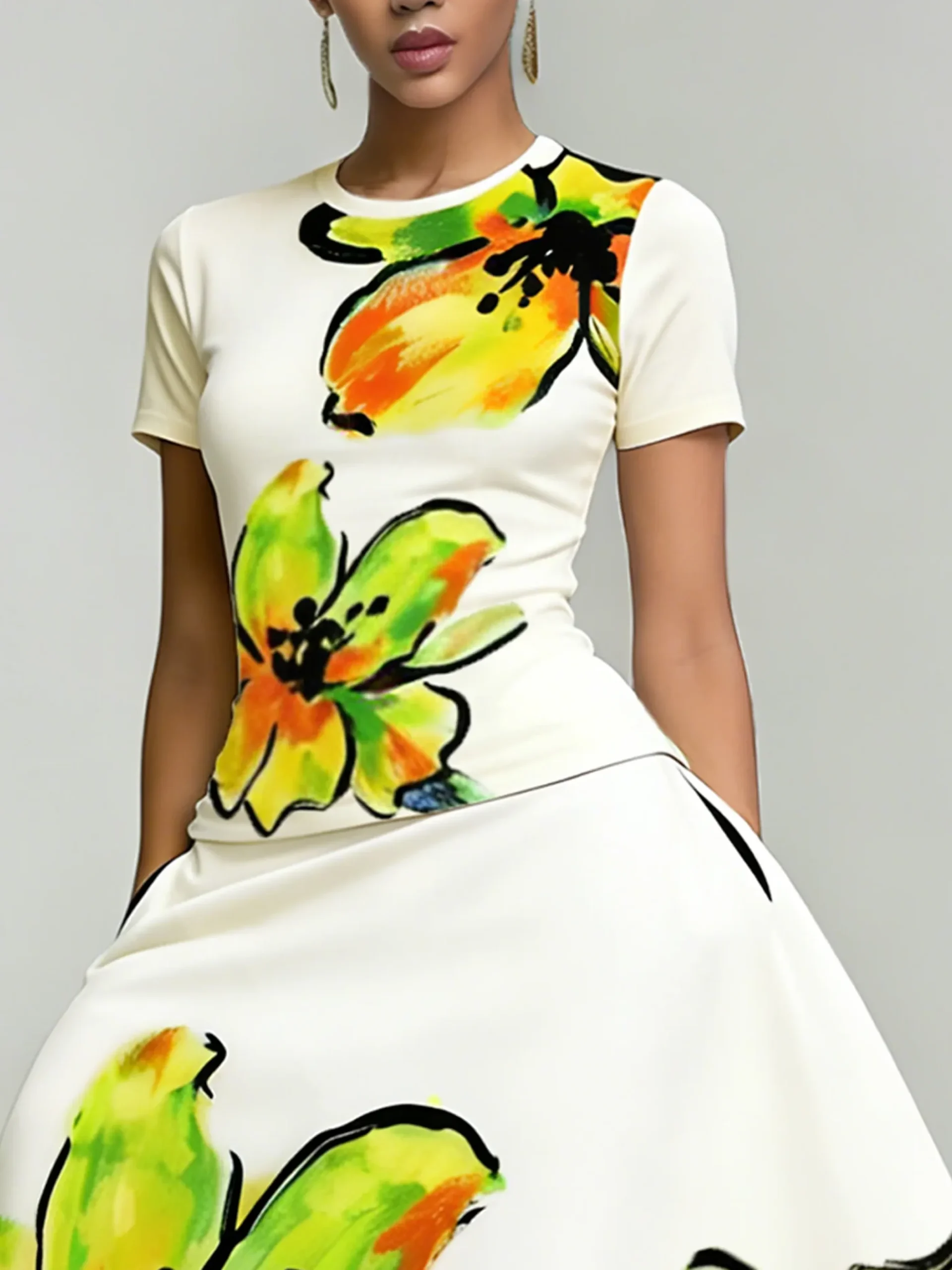 Elegant Floral Printing Crew Neck T-shirt