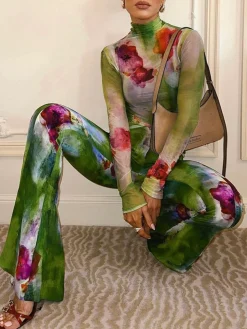 Elegant Floral Printing Flare Pants