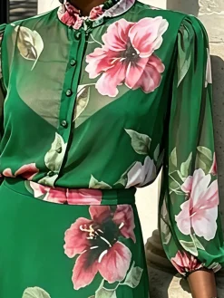 Elegant Floral Printing Lotus Leaf Collar Shirt