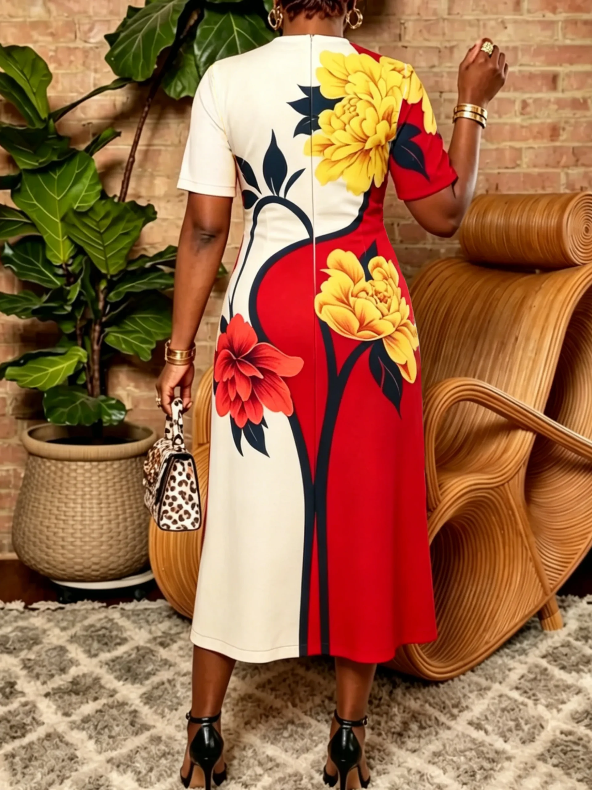 Elegant Floral Printing Mock Neck Maxi Dress