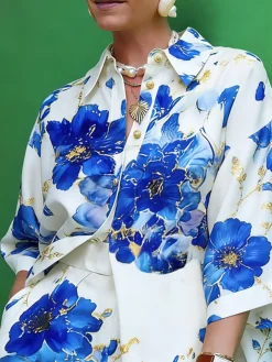 Elegant Floral Printing Shirt Collar Shirt