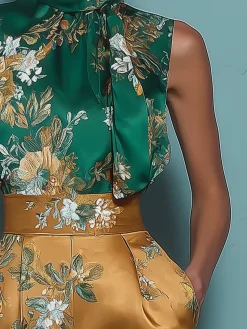 Elegant Floral Printing Stand Collar Blouse