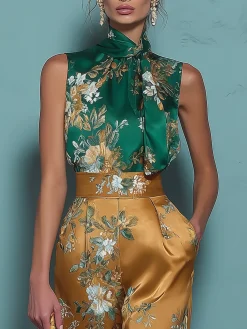 Elegant Floral Printing Stand Collar Blouse