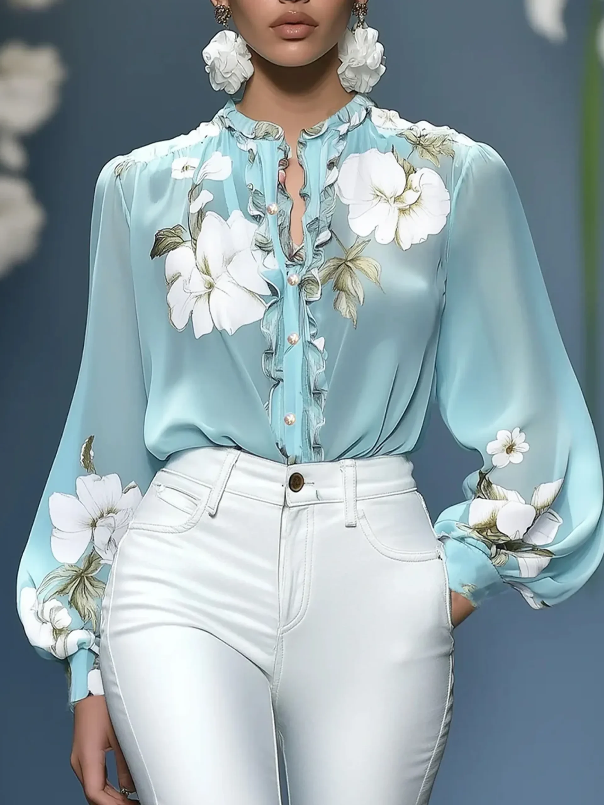 Elegant Floral Printing Stand Collar Balloon Sleeve Chiffon Blouse