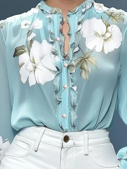 Elegant Floral Printing Stand Collar Balloon Sleeve Chiffon Blouse
