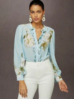 Elegant Floral Printing Stand Collar Balloon Sleeve Chiffon Blouse