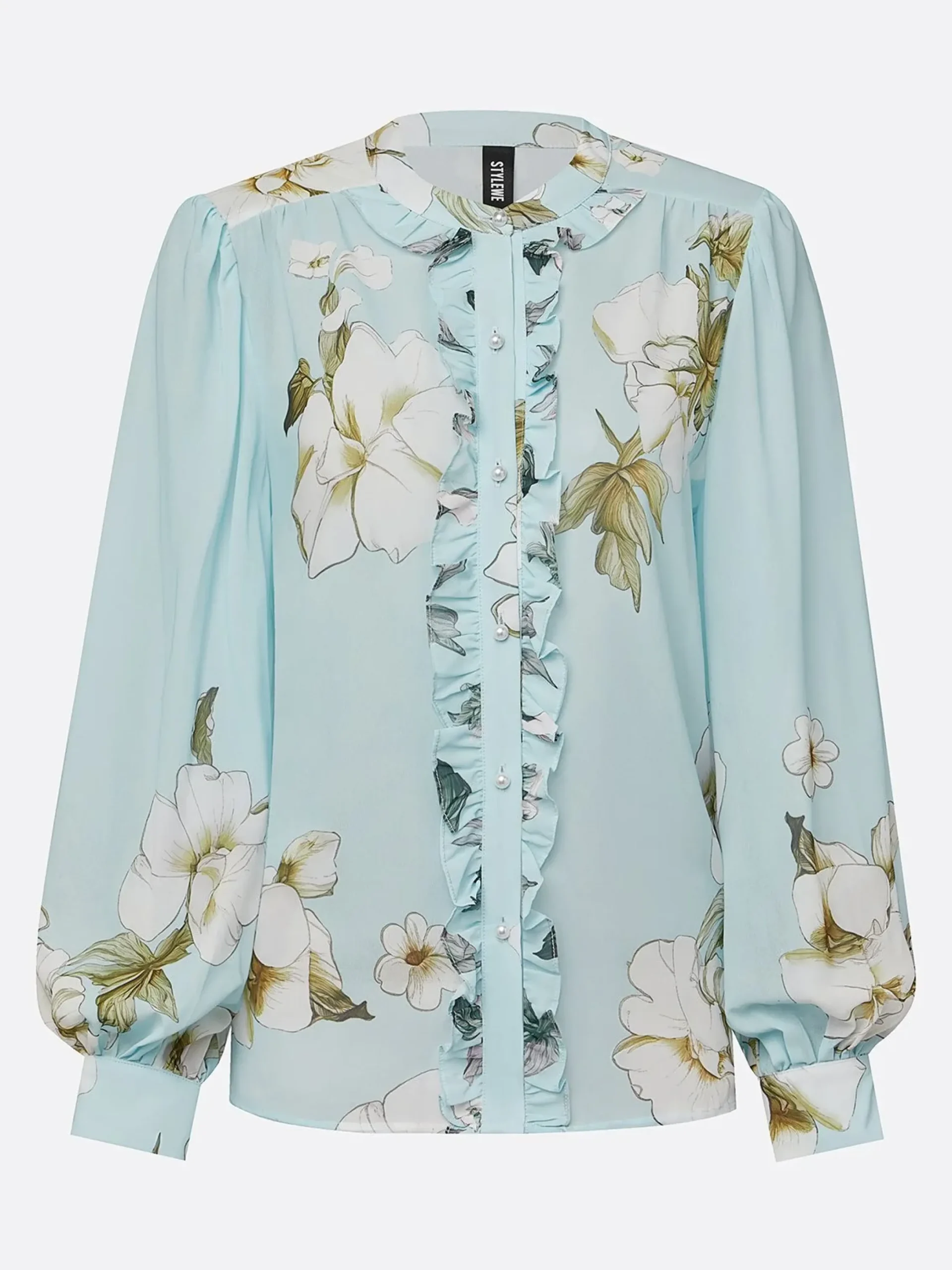 Elegant Floral Printing Stand Collar Balloon Sleeve Chiffon Blouse