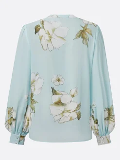 Elegant Floral Printing Stand Collar Balloon Sleeve Chiffon Blouse
