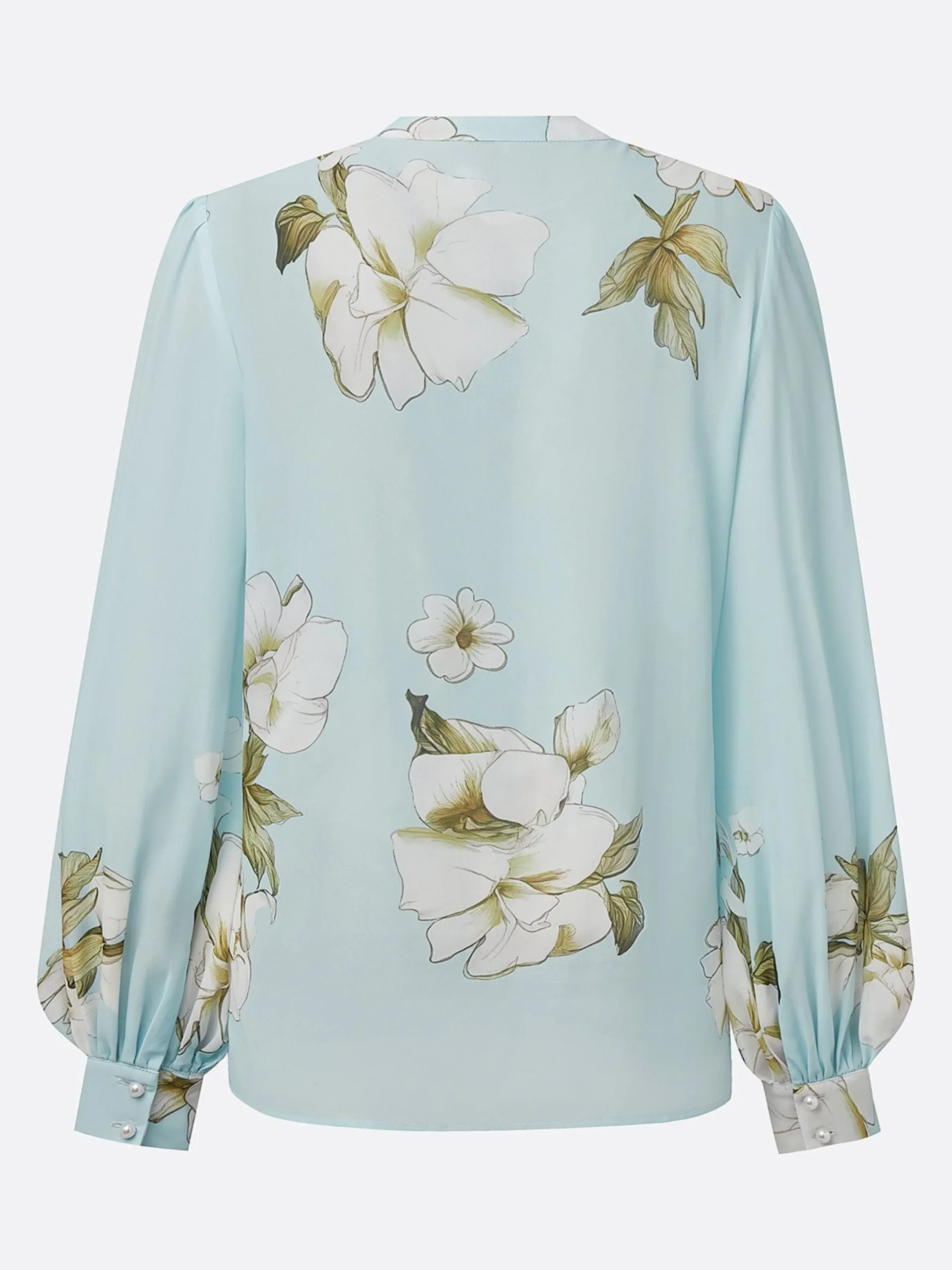 Elegant Floral Printing Stand Collar Balloon Sleeve Chiffon Blouse