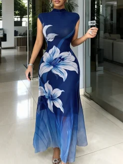 Elegant Floral Printing Stand Collar Maxi Dress